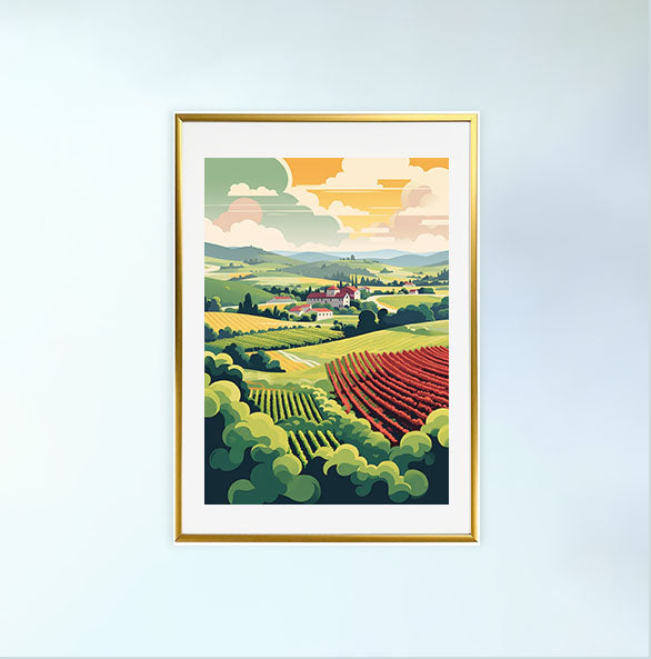 ボルドーのワイン畑のアートポスター金フレームあり