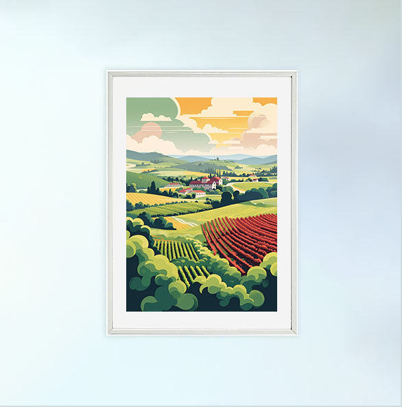 ボルドーのワイン畑のアートポスター白フレームあり