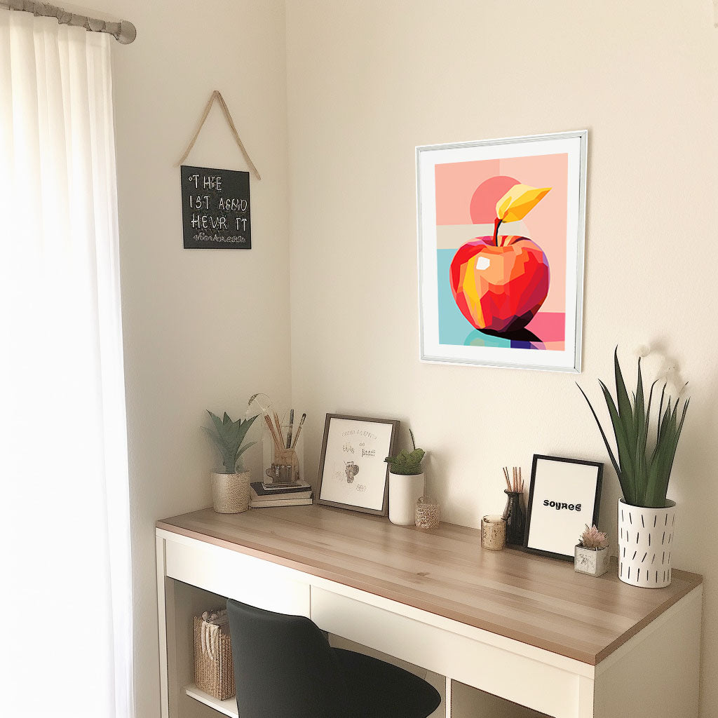 りんごのアートポスター:apple_5d10 / キッチン_フルーツと野菜_のポスター画像机に設置したイメージ