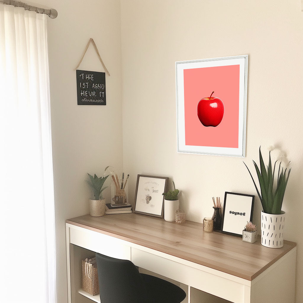 りんごのアートポスター:apple_8382 / 北欧_ポップ_キッチン_フルーツと野菜_のポスター画像机に設置したイメージ