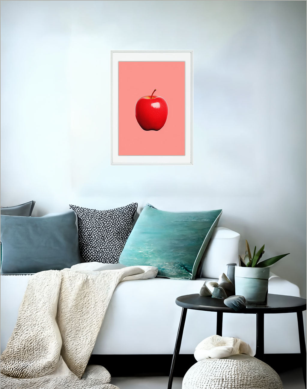 りんごのアートポスター:apple_8382 / 北欧_ポップ_キッチン_フルーツと野菜_のポスター画像ソファ近くに設置したイメージ