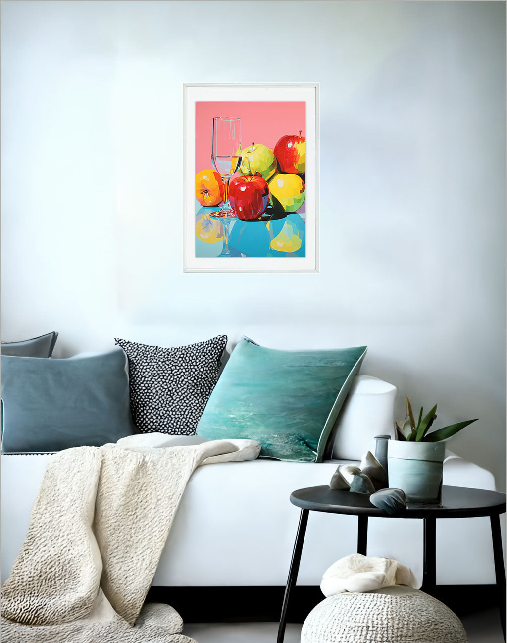 りんごのアートポスター:apple_86e2 / キッチン_フルーツと野菜_のポスター画像ソファ近くに設置したイメージ