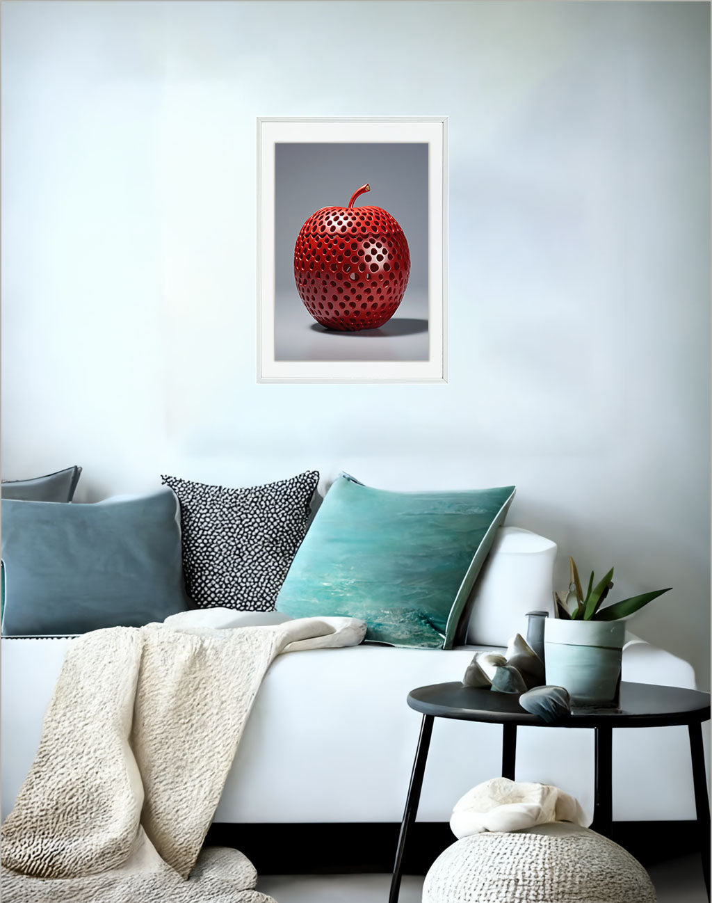 りんごのアートポスター:apple_f7bb / 北欧_キッチン_フルーツと野菜_のポスター画像ソファ近くに設置したイメージ