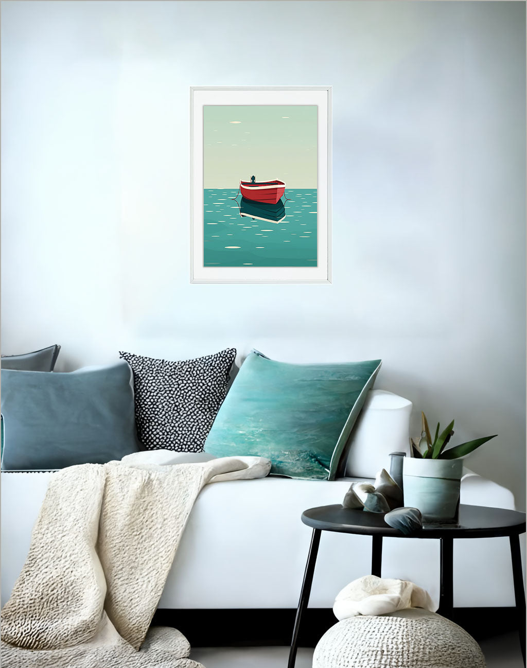 ボートのアートポスターソファ配置イメージ