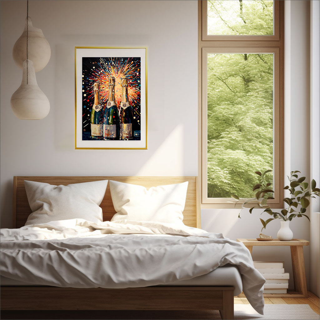 シャンパンのアートポスター寝室配置イメージ