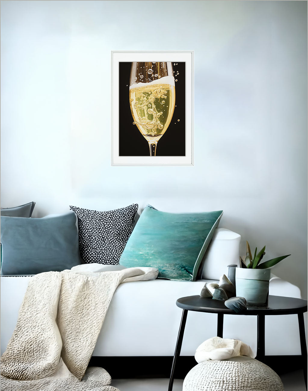 シャンパンのアートポスターソファ配置イメージ