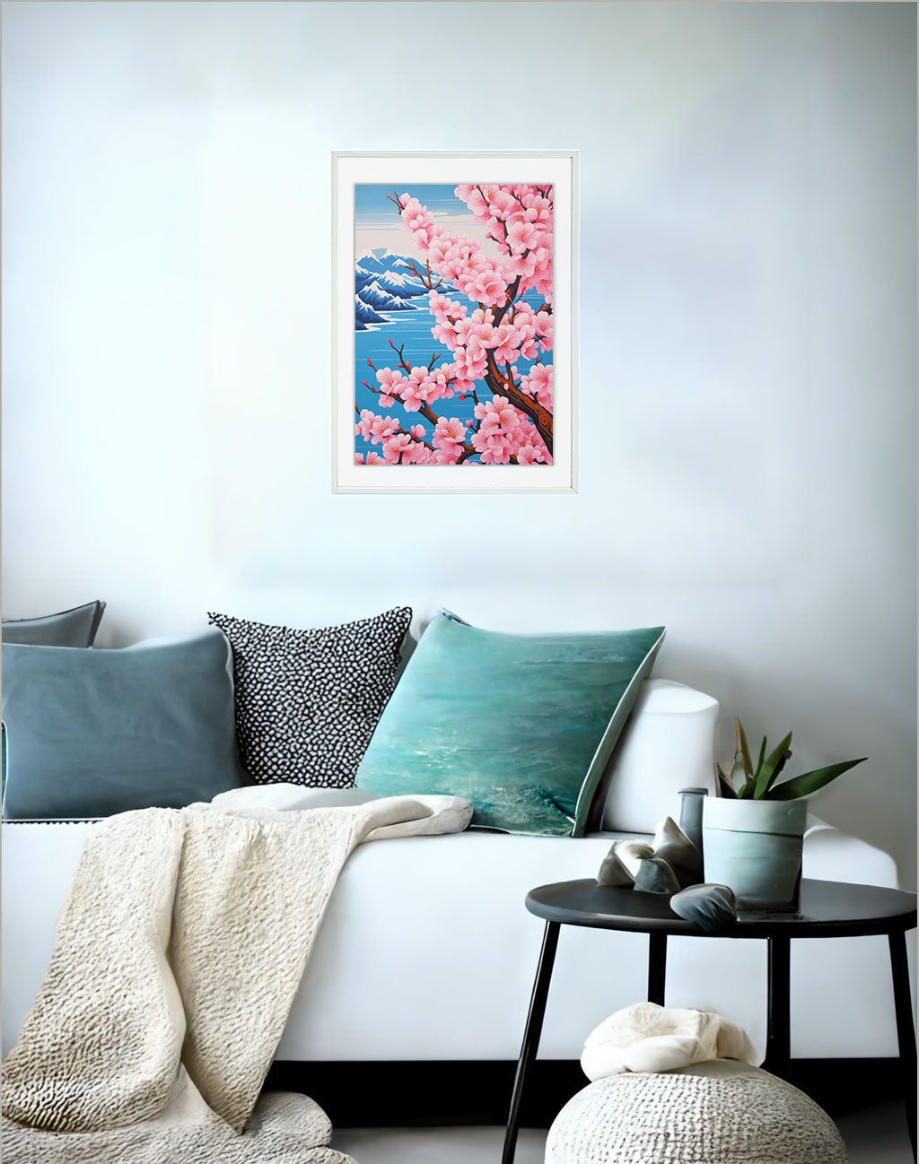 桜のアートポスターソファ配置イメージ