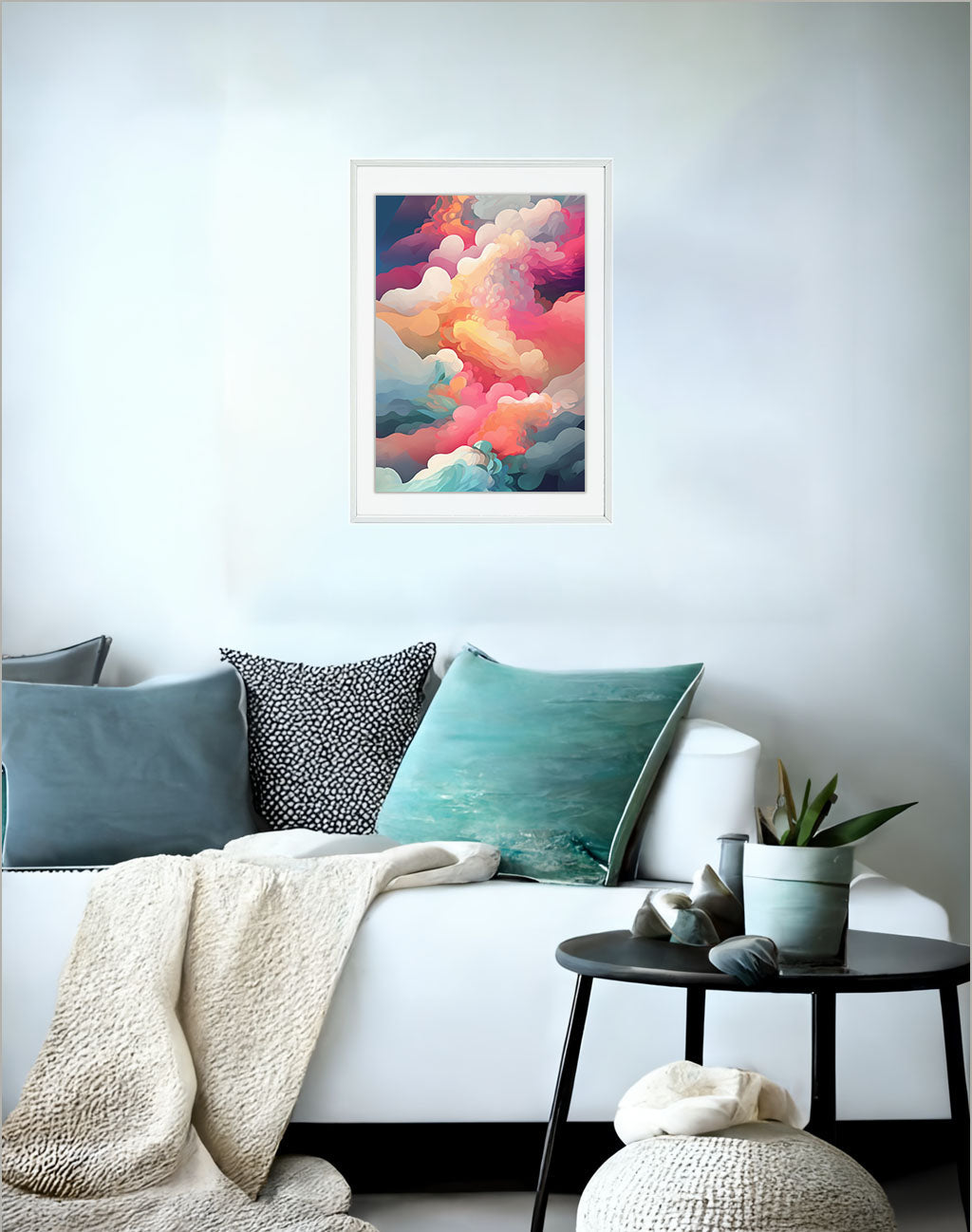 雲のアートポスターソファ配置イメージ