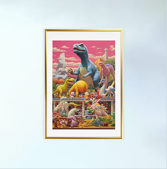 恐竜のアートポスター金フレームあり