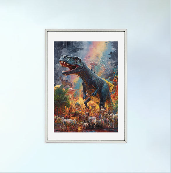 恐竜のアートポスター銀フレームあり