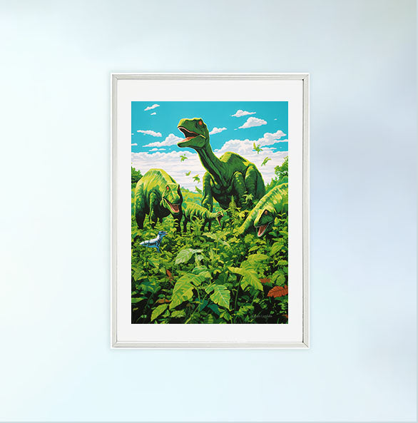 恐竜のアートポスター白フレームあり