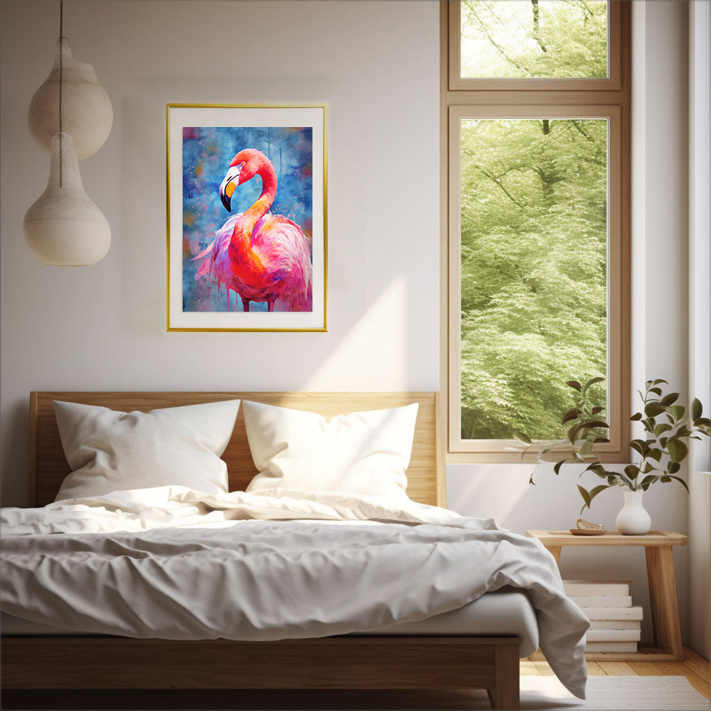 フラミンゴのアートポスター寝室配置イメージ
