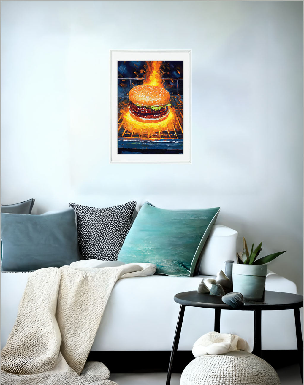 ハンバーガーのアートポスターソファ配置イメージ