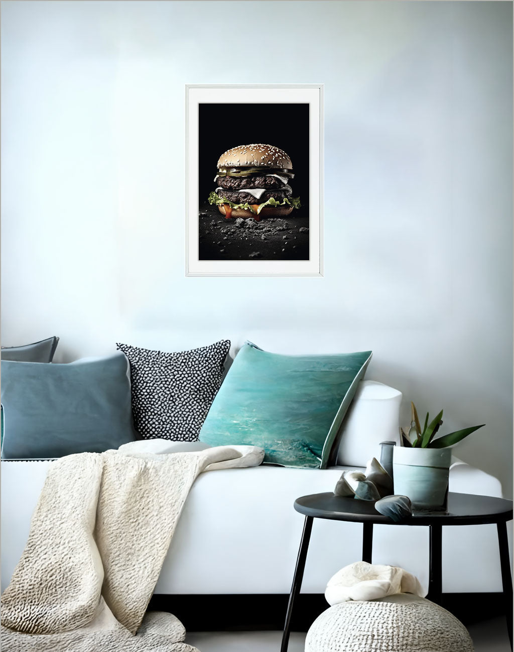 ハンバーガーのアートポスターソファ配置イメージ