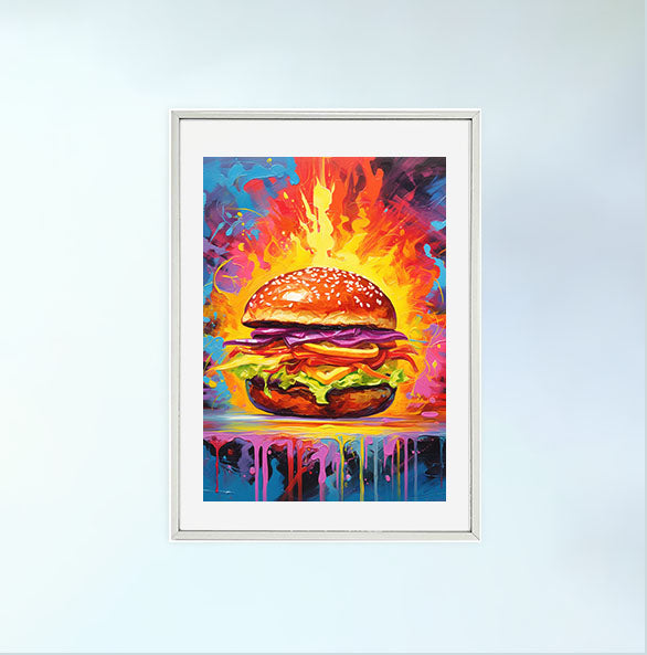 ハンバーガーのアートポスター銀フレームあり