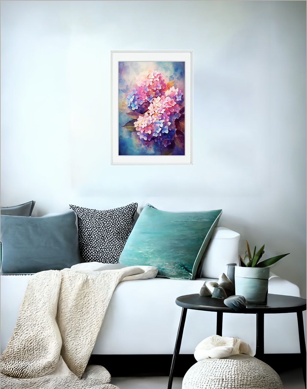 紫陽花のアートポスターソファ配置イメージ