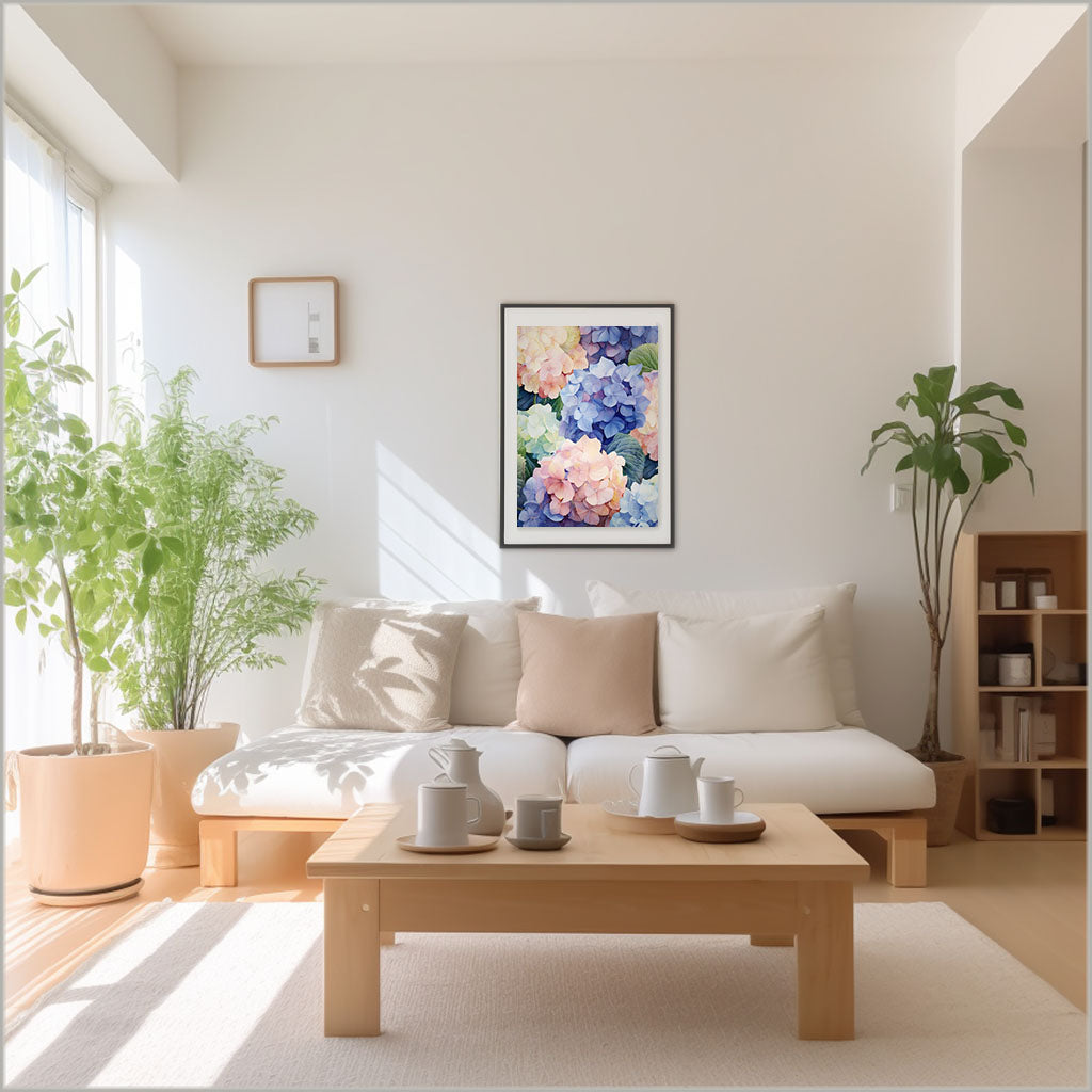 紫陽花のアートポスターリビング配置イメージ
