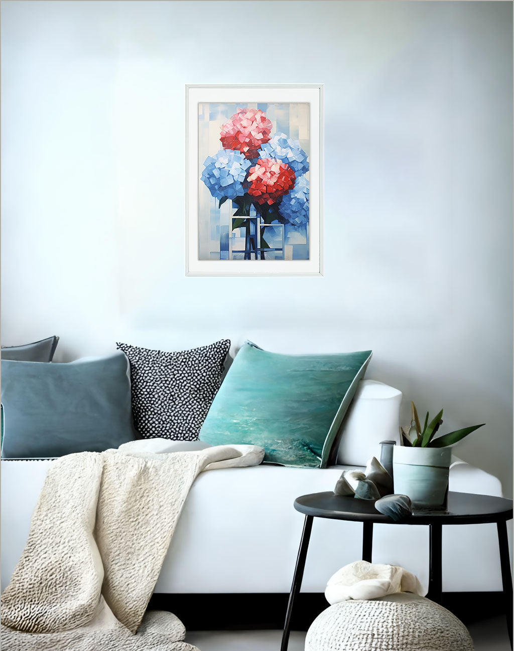 紫陽花のアートポスターソファ配置イメージ
