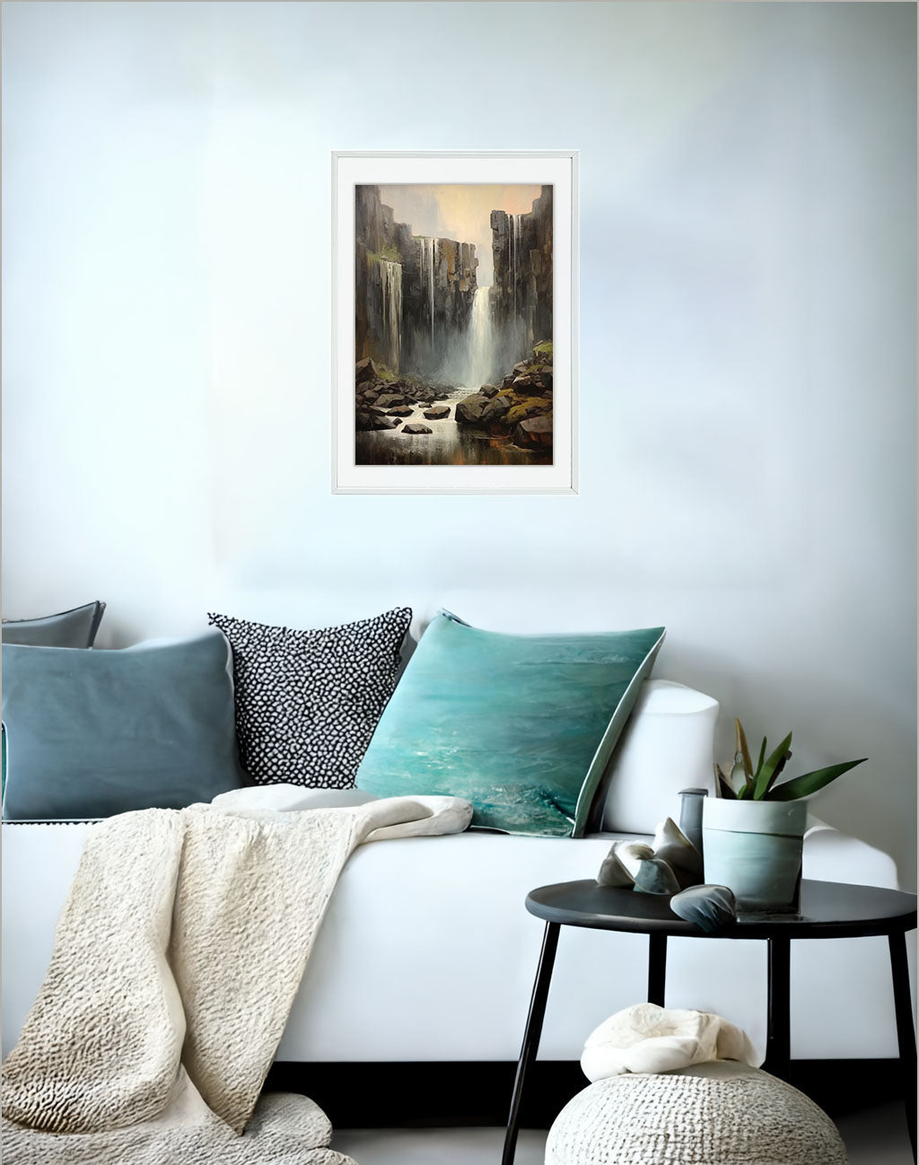 大瀑布のアートポスターソファ配置イメージ