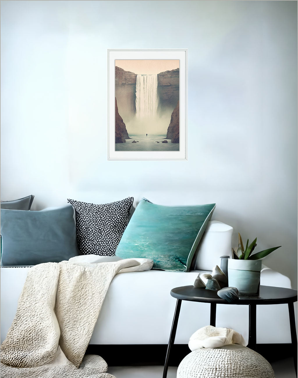 大瀑布のアートポスターソファ配置イメージ