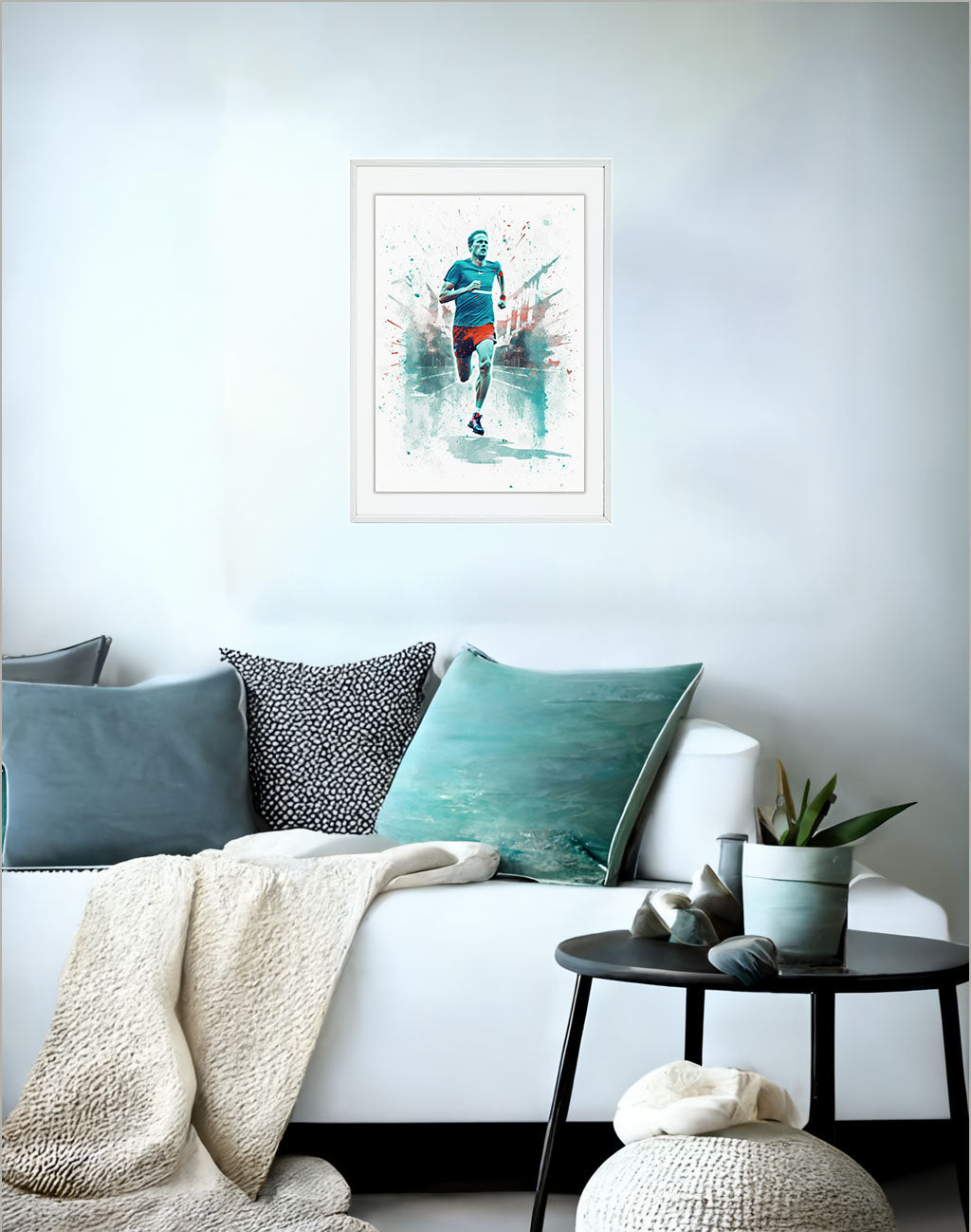 マラソンランナーのアートポスターソファ配置イメージ