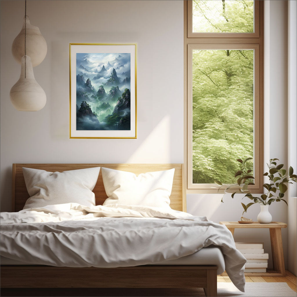山のアートポスター寝室配置イメージ