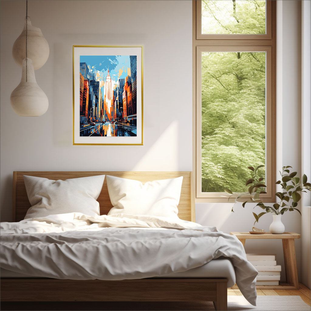 ニューヨークのアートポスター:new_york_af70 / 抽象画_ポップ_地図・都市_都市_のポスター画像寝室に設置したイメージ