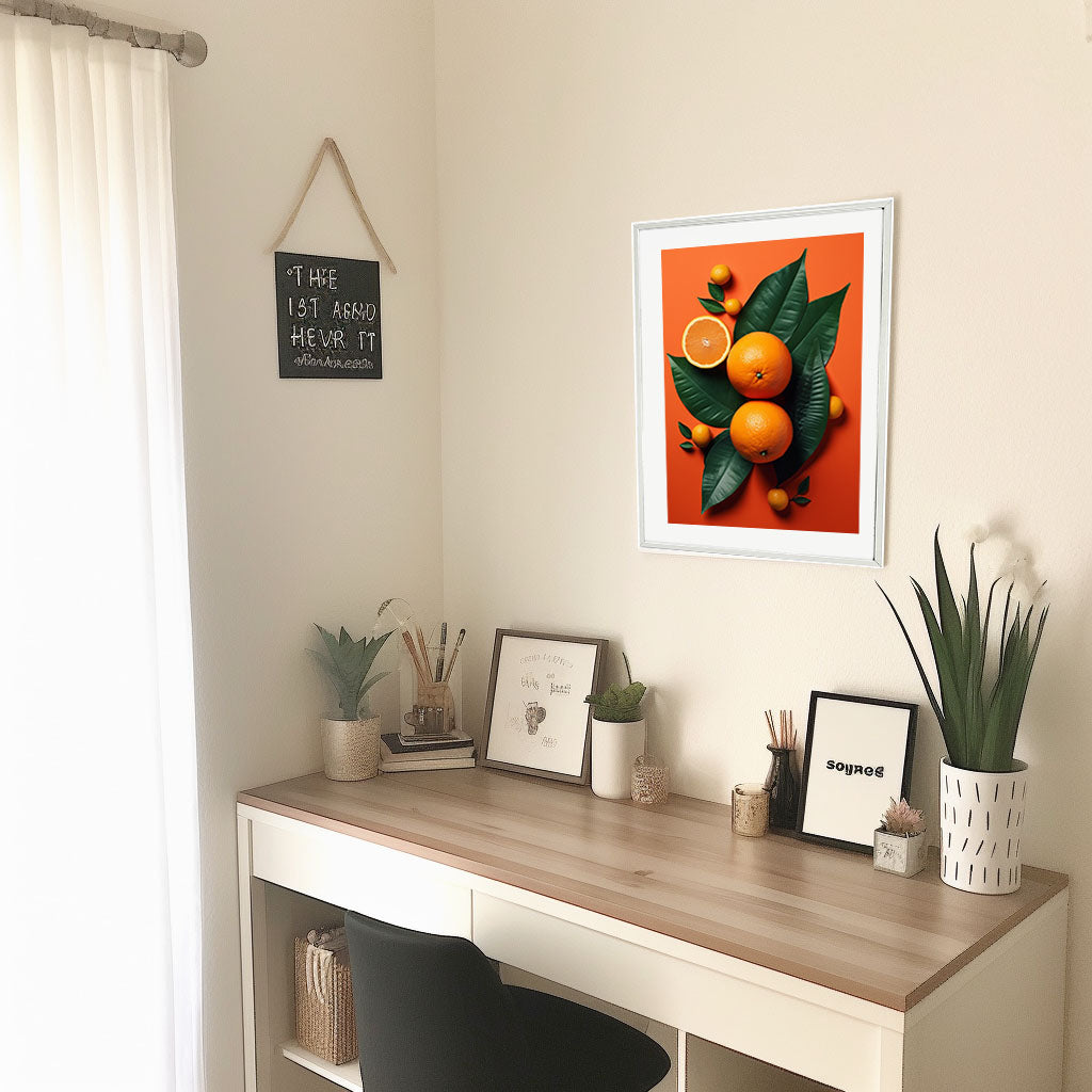 オレンジのアートポスター机配置イメージ
