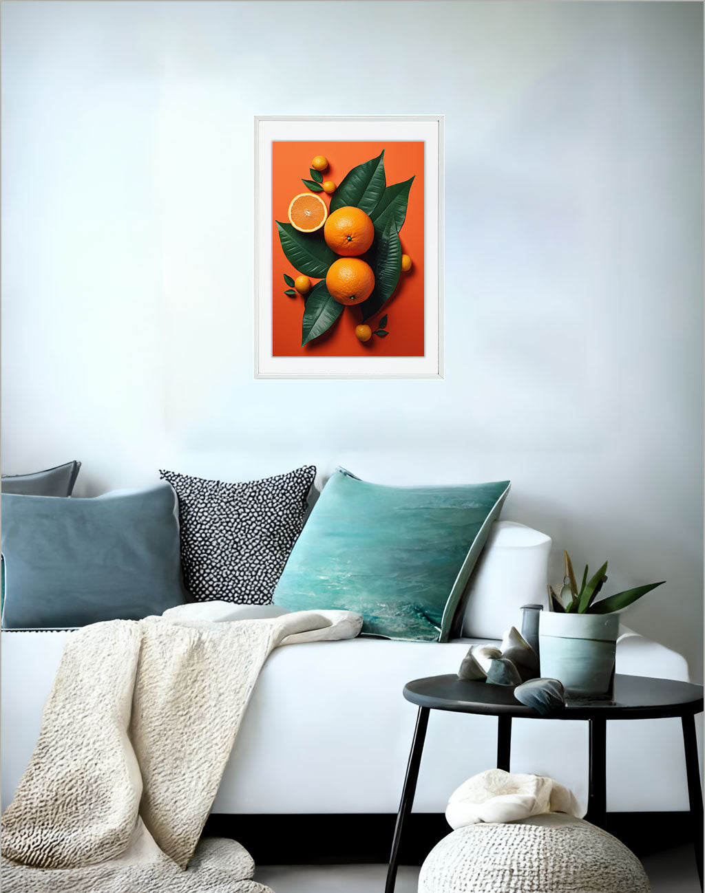 オレンジのアートポスターソファ配置イメージ