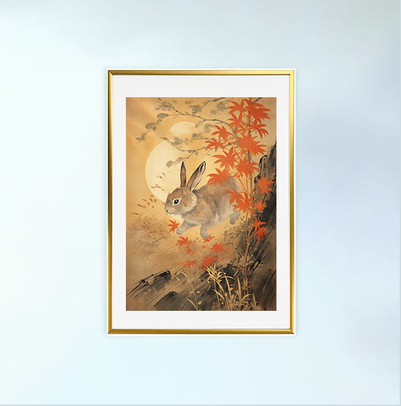 ウサギのアートポスター金フレームあり