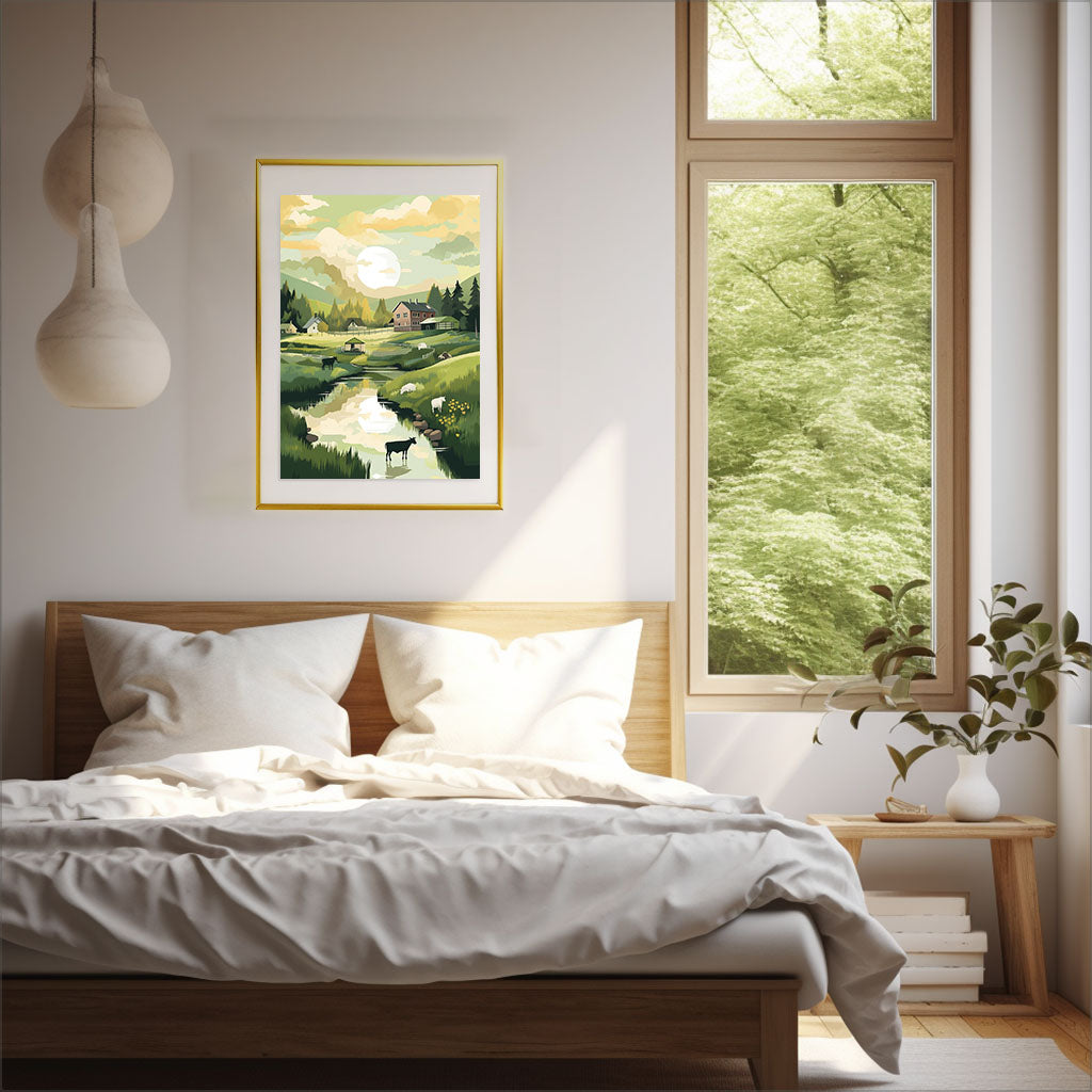 田園風景のアートポスター寝室配置イメージ