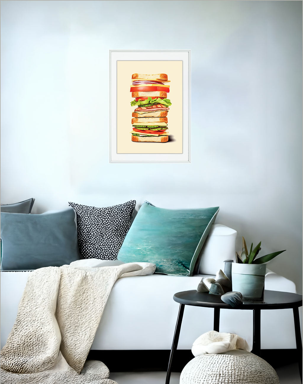 サンドイッチのアートポスターソファ配置イメージ