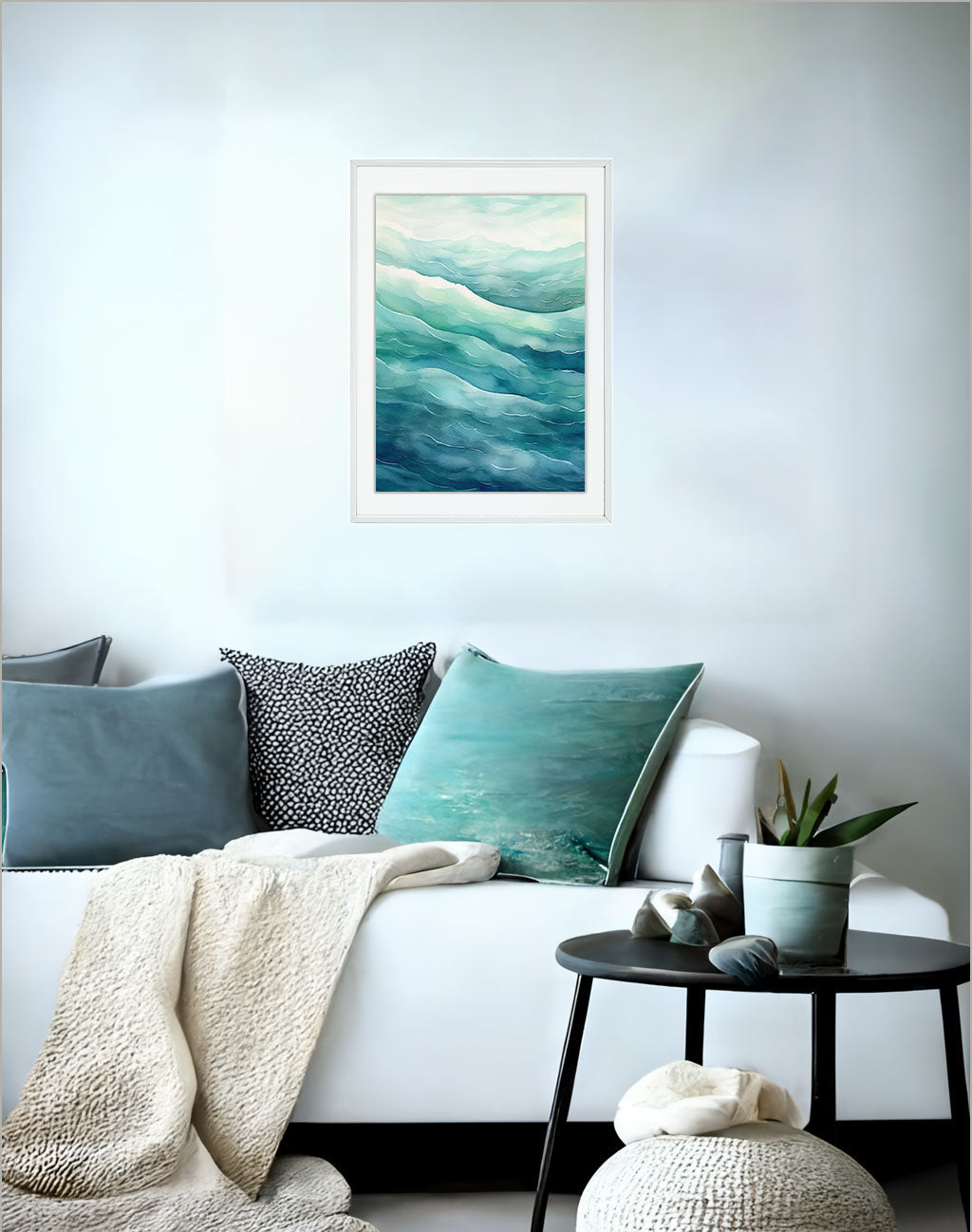 海のアートポスターソファ配置イメージ