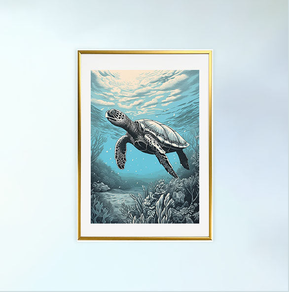 ウミガメのアートポスター金フレームあり