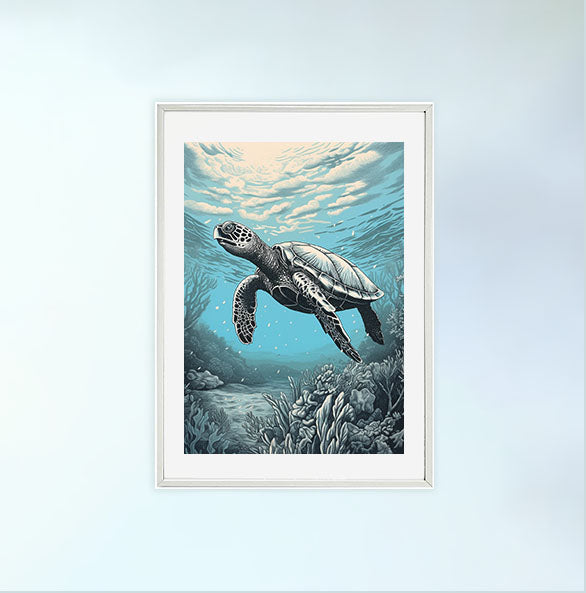 ウミガメのアートポスター白フレームあり
