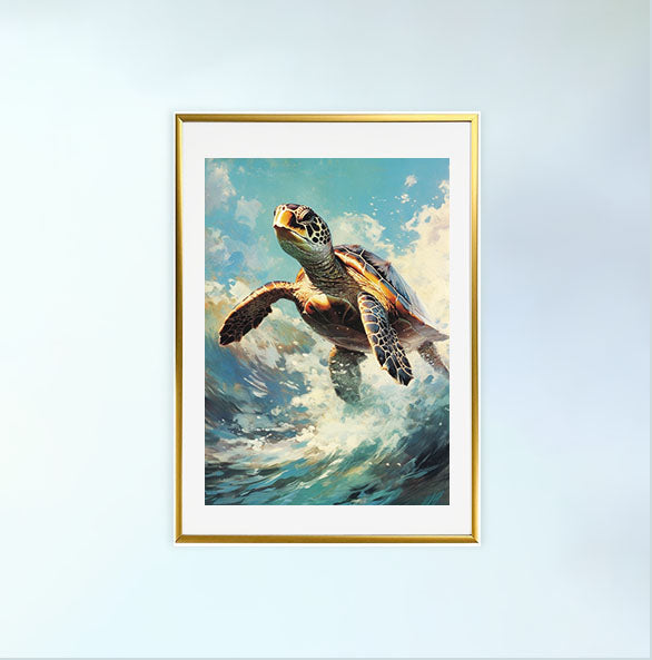 ウミガメのアートポスター金フレームあり