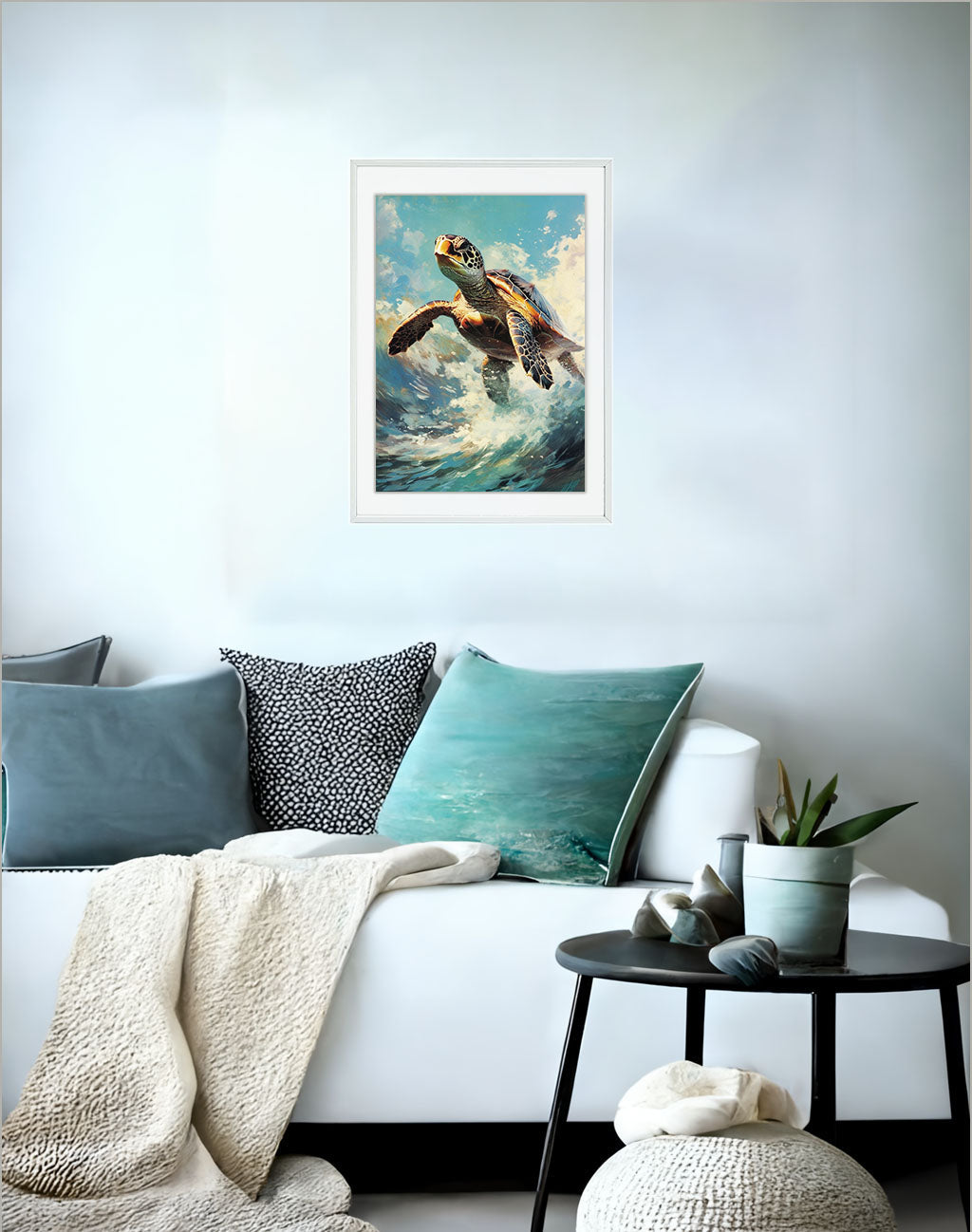 ウミガメのアートポスターソファ配置イメージ
