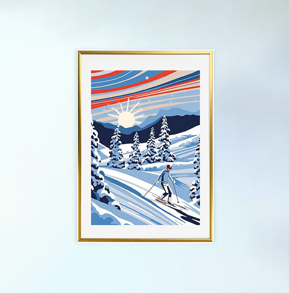 スキーのアートポスター金フレームあり