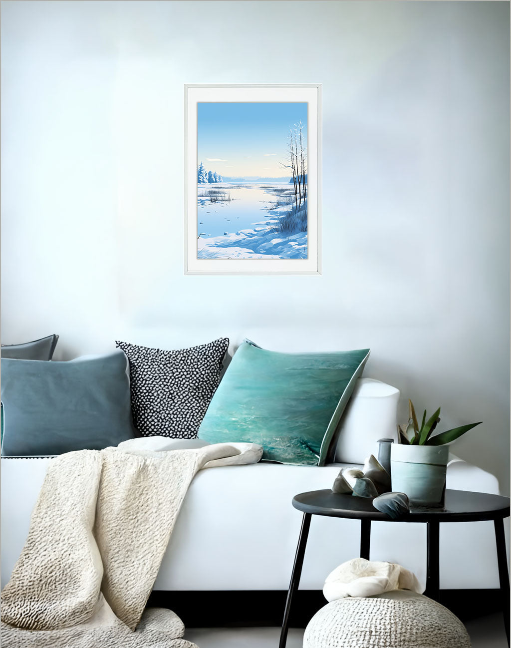 雪のアートポスターソファ配置イメージ