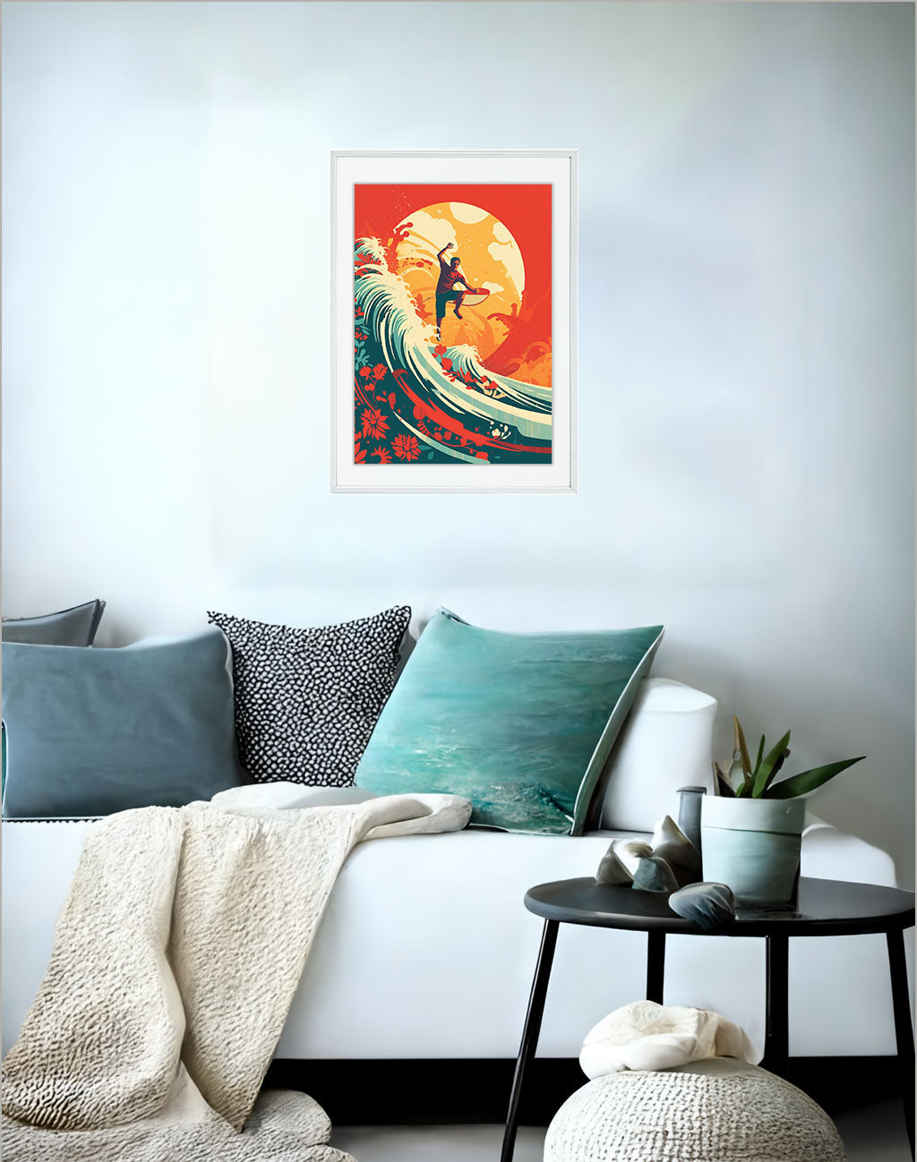 サーフィンのアートポスターソファ配置イメージ