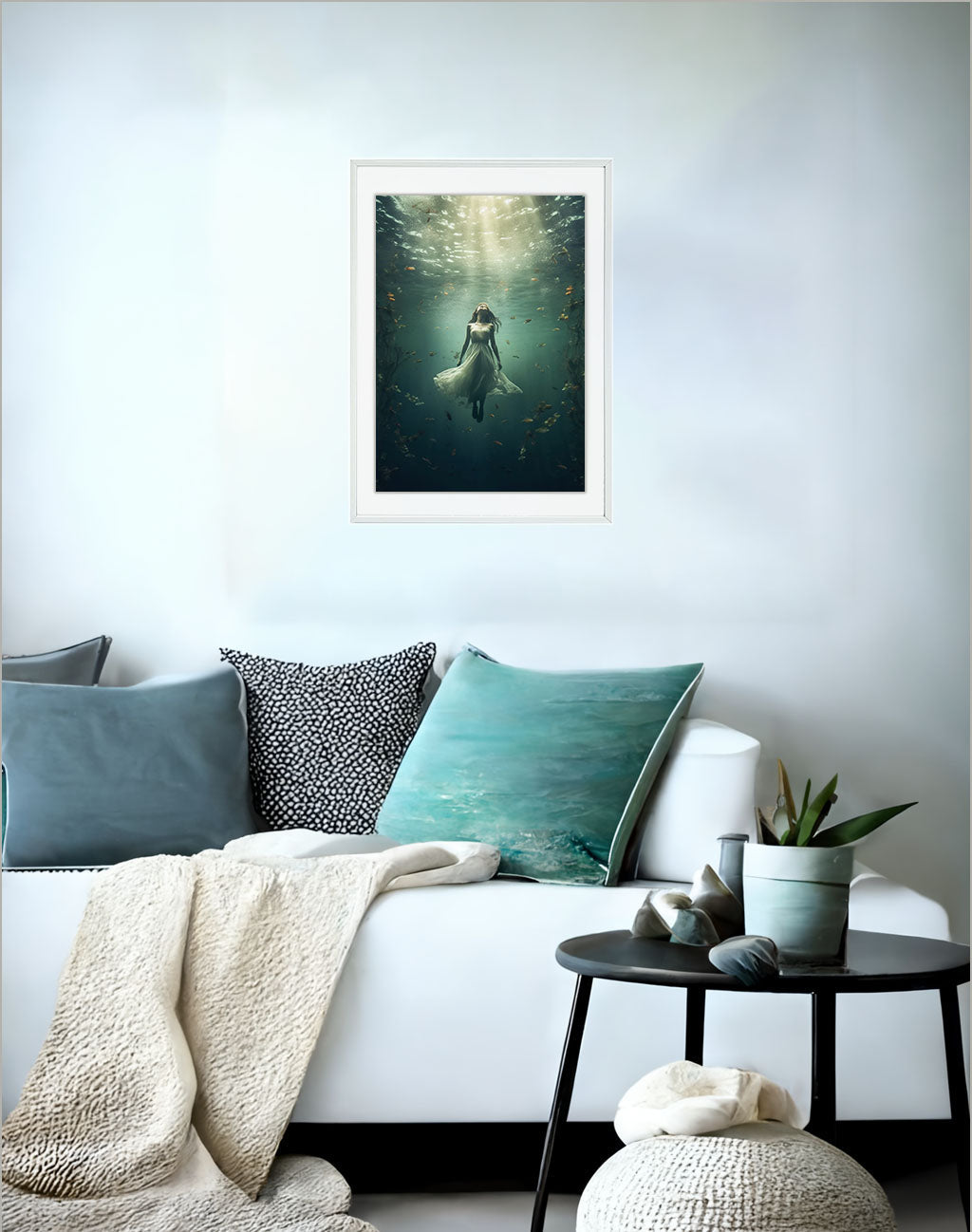 水中写真のアートポスターソファ配置イメージ
