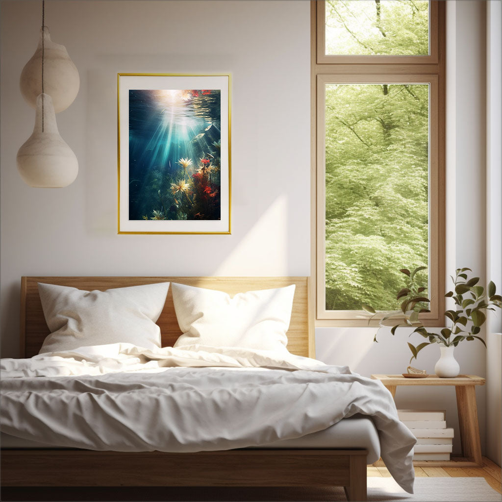 水中写真のアートポスター寝室配置イメージ
