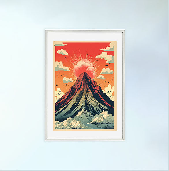 火山のアートポスター白フレームあり