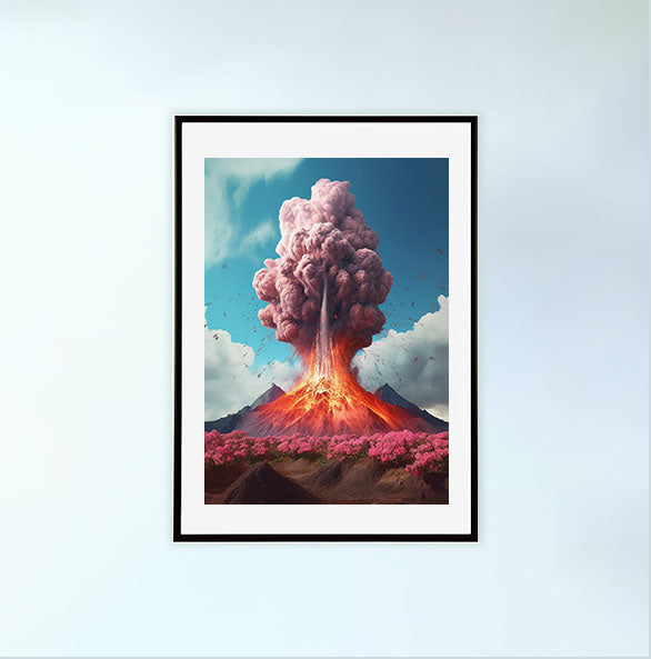 火山のアートポスター黒フレームあり