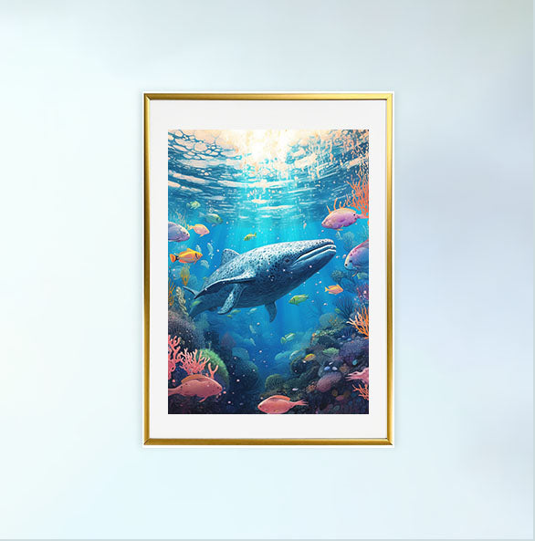 クジラのアートポスター金フレームあり