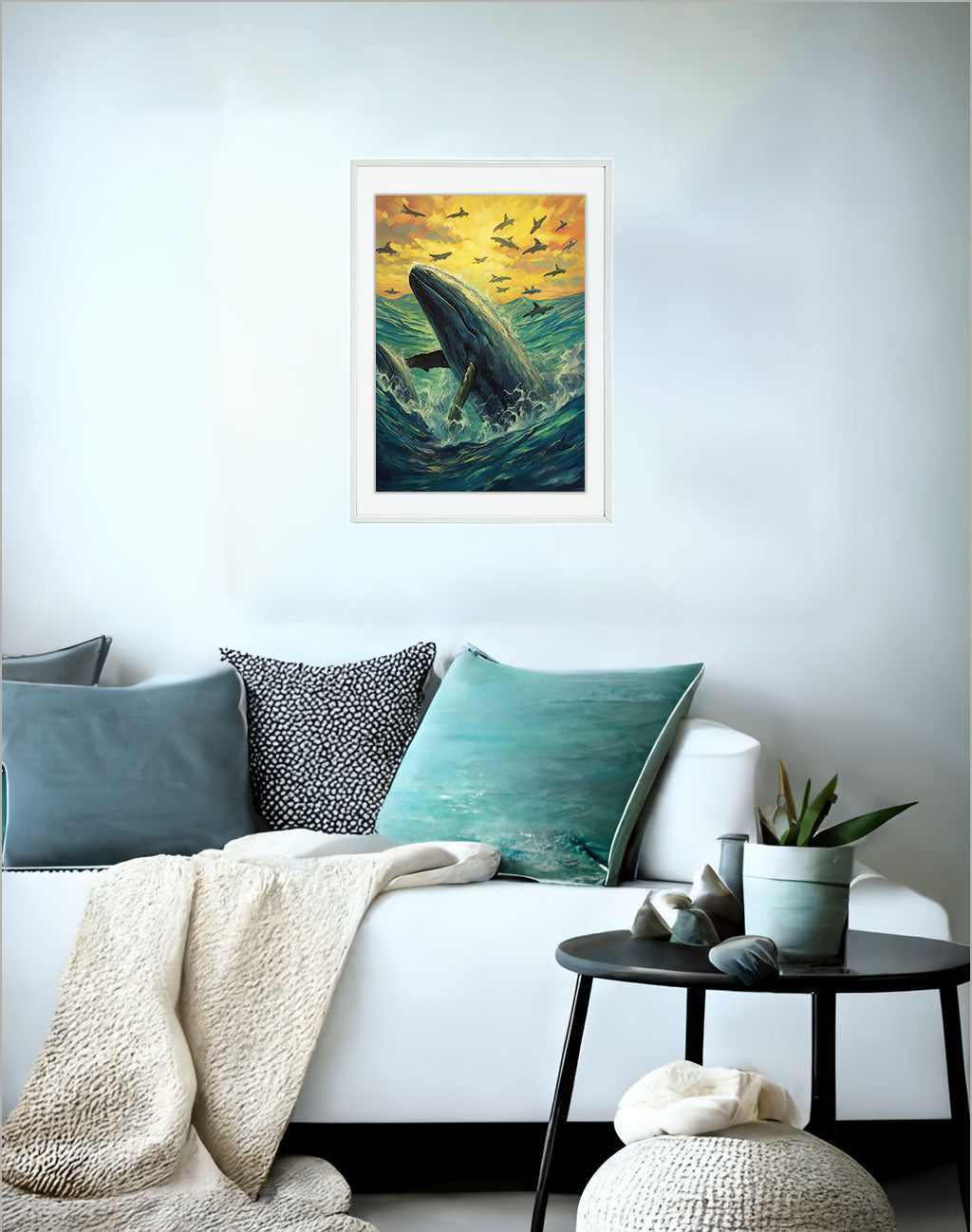 クジラのアートポスターソファ配置イメージ