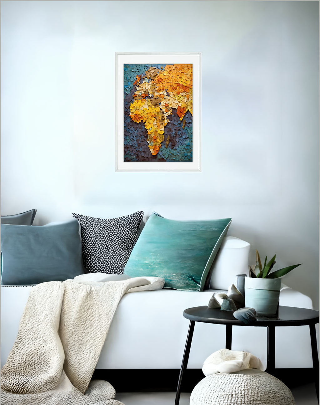 世界地図のアートポスターソファ配置イメージ