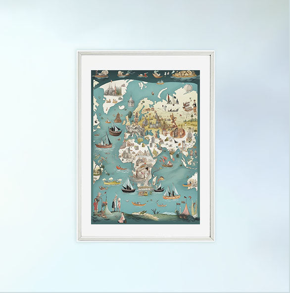 世界地図のアートポスター白フレームあり