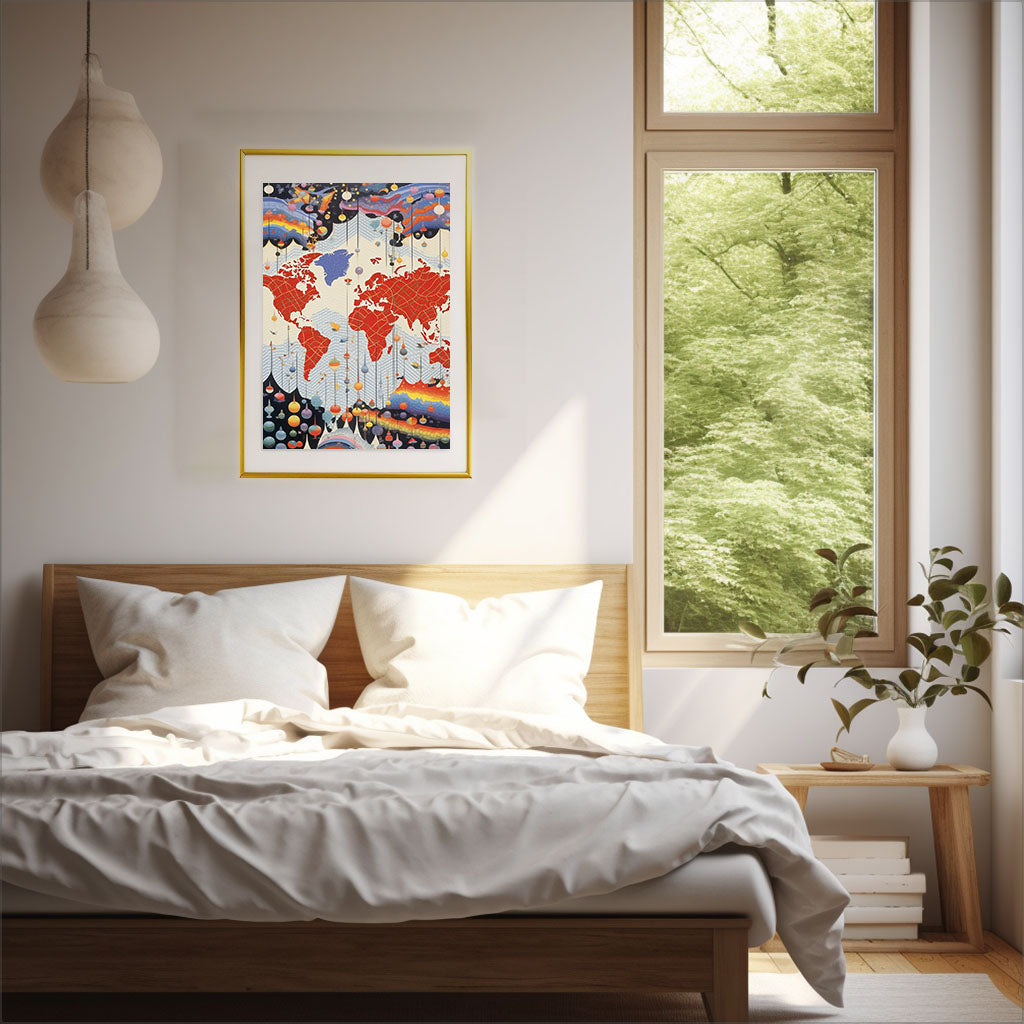 世界地図のアートポスター寝室配置イメージ