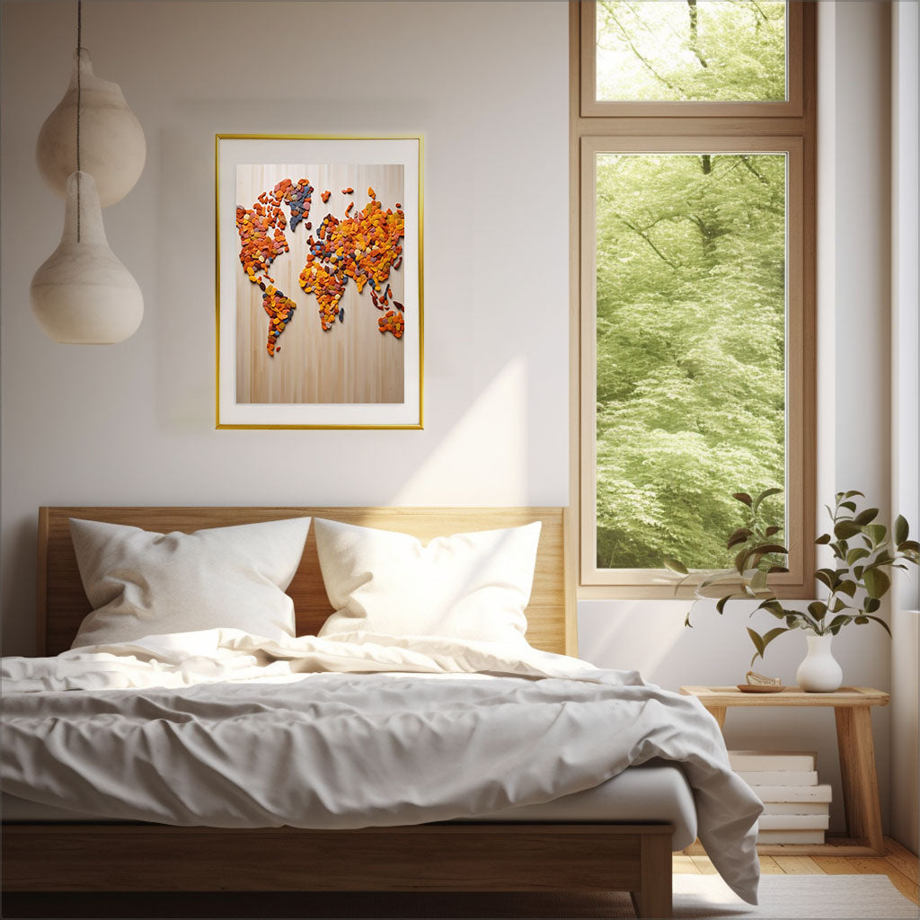 世界地図のアートポスター寝室配置イメージ